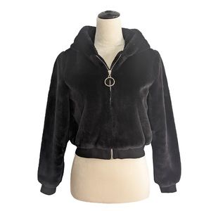 NWOT By The Way Faux Fur Hooded Black Bomber Jacket Sz. S